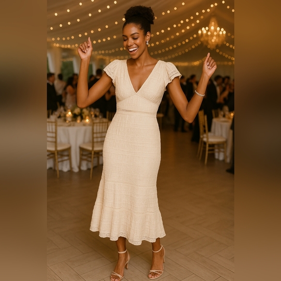 Chic Ruffle Lace Romantic Work Play Party Soft Stretch Midi Dress - Picture 3 of 9